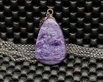 Purple Charoite Teardrop Pendant Necklace, Sterling Silver Bail, Natural Purple Gemstone Jewelry