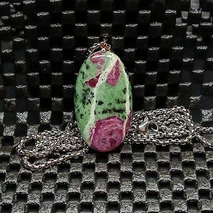 Ruby in Zoisite Oval Pendant Necklace, Sterling Silver Bail, Natural Anyolite Gemstone Jewelry