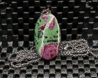 Ruby in Zoisite Oval Pendant Necklace, Sterling Silver Bail, Natural Anyolite Gemstone Jewelry