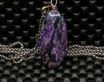 Purple Charoite Oval Pendant Necklace, Sterling Silver Bail, Natural Purple Gemstone Jewelry