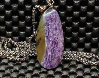 Purple Charoite Oval Pendant Necklace, Sterling Silver Bail, Natural Purple Gemstone Jewelry