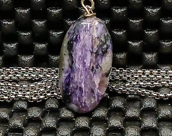 Purple Charoite Rectangle Pendant Necklace, Sterling Silver Bail, Natural Purple Gemstone Jewelry