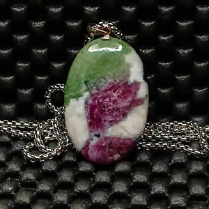 Ruby in Zoisite Oval Pendant Necklace, Sterling Silver Bail, Natural Anyolite Gemstone Jewelry