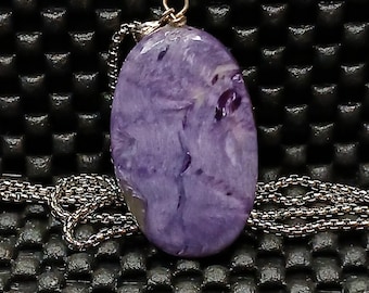 Purple Charoite Oval Pendant Necklace, Sterling Silver Bail, Natural Purple Gemstone Jewelry