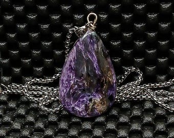 Purple Charoite Teardrop Pendant Necklace, Sterling Silver Bail, Natural Purple Gemstone Jewelry