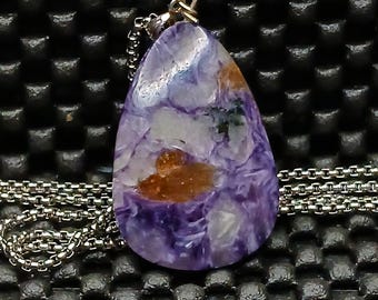 Purple Charoite Teardrop Pendant Necklace, Sterling Silver Bail, Natural Purple Gemstone Jewelry