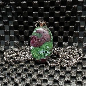 Ruby in Zoisite Oval Pendant Necklace, Sterling Silver Bail, Natural Anyolite Gemstone Jewelry