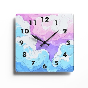 May include: Square wall clock with a whimsical cloud design in shades of blue, pink, and purple. The clock face features black numerals and hands. The clock is mounted on a white wall.