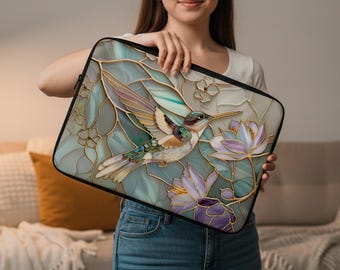 Hummingbird Laptop Sleeve, Stained Glass-Inspired Look, Floral Nature MacBook Case
