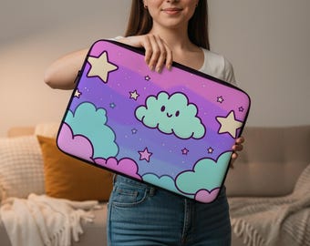 Pastel Cloud Stars Laptop Sleeve, Kawaii MacBook Case, Dreamy Tech Cover