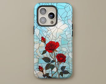 Red Rose Tough Phone Case, Floral iPhone Case, Stained Glass Inspired Samsung Galaxy Google Pixel Cover