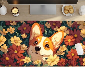 Corgi Desk Mat, Floral Dog Design, Cute Office Accessory