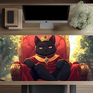 Royal Black Cat Desk Mat, Large Anime Desk Pad, Funny Cat Mousepad, XXL Cat Lover Gift, Unique Office Decor
