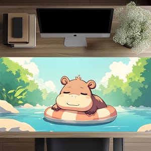 Bonita y relajante alfombrilla de escritorio con forma de hipopótamo, estilo kawaii, almohadilla extragrande para teclado, adorable decoración de escritorio, regalo para cumpleaños y festividades.