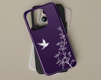 White Bird Phone Case, Dark Purple Floral Tough Case, Minimalist Nature Phone Cover