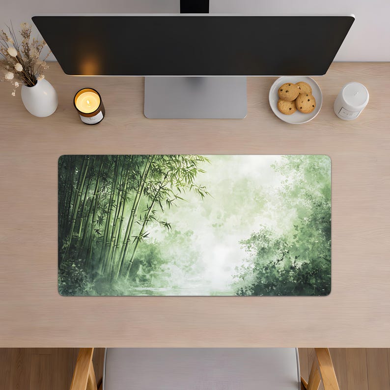Desk mat with a green bamboo forest design, placed on a light wood desk with a computer, tablet, and blue hydrangea flowers in a gray pot.