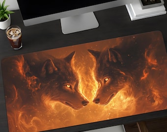 Fiery Twin Wolves Desk Mat, Fantasy Desk Setup Accessory