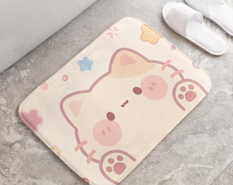 Cat Face Memory Foam Bath Mat, Pastel Kawaii Bathroom Rug, Anti-Slip Bathroom Decor