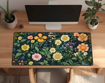Green Floral Desk Mat: Cottagecore Home Office Decor