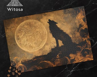 Howling Wolf Jigsaw Puzzle, Full Moon Puzzle, Rustic Wildlife Artwork