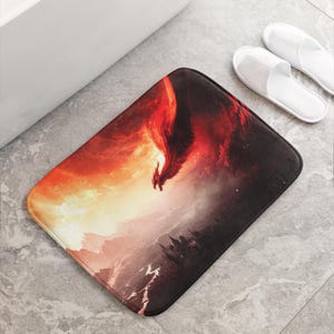 Medieval Dragon Bath Mat – Fantasy Landscape Non-Slip Rug – Epic Bathroom Decor – Home Accessory – Gift for Fantasy Lovers