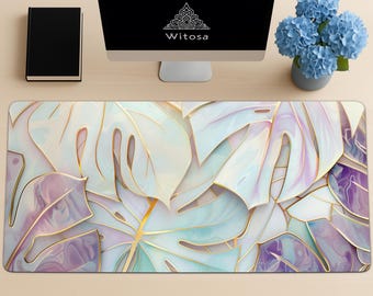 Monstera Leaf Desk Pad – Soft Pastel Oversized Desk Mat – Tropical Workspace Decor for Her – Elegant Large Gaming Mouse Pad
