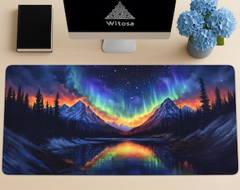 Aurora Borealis Desk Mat: Vivid Northern Lights Mountain Landscape