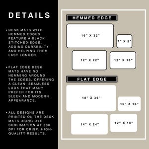 May include: Diagram of desk mats with hemming and flat edges, showing various sizes. Hemmed edge mats have a black stitched edge. Flat edge mats offer a clean, seamless look. Sizes include 16" x 32", 7" x 9", 12" x 22", 12" x 18", 18" x 36", 10" x 16", 14" x 24", and 12" x 18".
