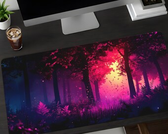May include: A rectangular desk mat with a forest scene. The design features tall trees with pink and purple foliage, a bright pink and yellow sky, and a dark blue foreground. The mat is designed to protect the desk surface.