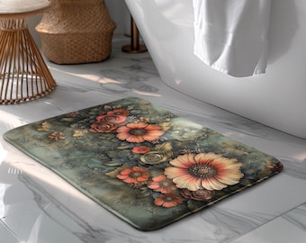 Elegant Floral Bath Mat: Vintage Botanical Design, Memory Foam, Spa Decor