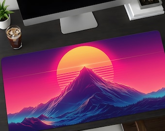 Synthwave Sunset Desk Mat – Retro Large Gaming Mouse Pad – Neon 80s-inspired Keyboard Mat