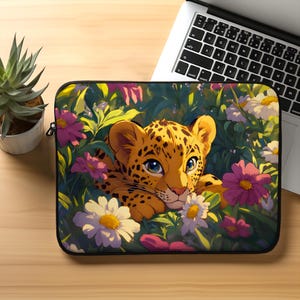 Leopard Cub Tablet Sleeve: Floral Cartoon Laptop Bag