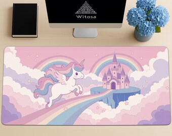 Unicorn Desk Mat, Pastel Rainbow Castle, Kawaii Gaming Mouse Pad