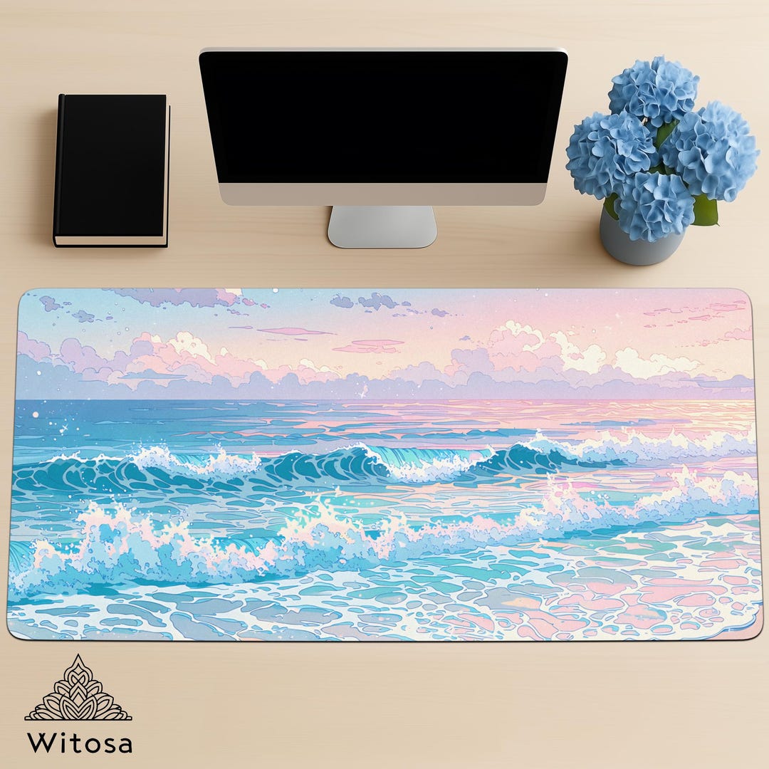 Pastel Ocean Desk Mat With Soft Waves and Sunset Sky – Large Mouse Pad ...
