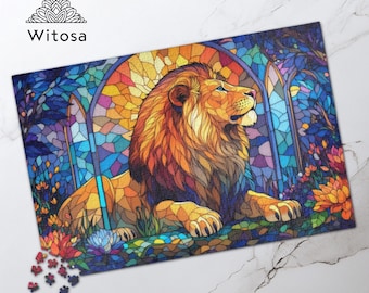 Lion Stained Glass Jigsaw Puzzle – Colorful Mosaic Art for Adults (110-1014 pieces)