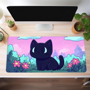 Cute Anime Cat Desk Mat – Kawaii Black Kitty Mousepad – Oversized Desk Pad – Playful Office Decoration – Gift for Her or Cat Lovers