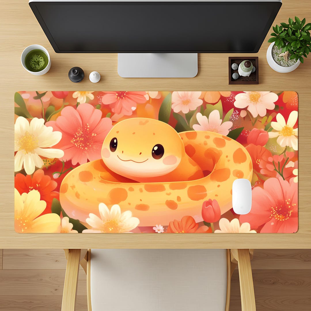 Kawaii Yellow Snake Desk Mat: Anime Floral Office Decor - Etsy