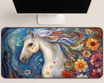 Floral White Horse Desk Mat: Whimsical Bloomcore Desk Pad