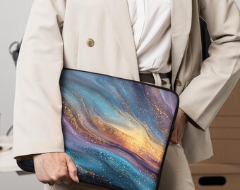 Abstract Waves Laptop Sleeve – Blue Gold Marble Design –  Elegant Tech Accessories