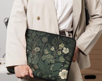 Dark Green Botanical Laptop Sleeve – Nature Inspired Floral Computer Cover