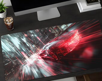 Cyberpunk Racing Car Desk Mat: Neon City Mousepad, XL Gaming Desk Pad