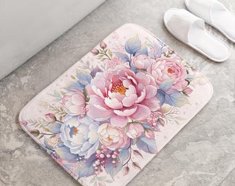 Pastel Floral Bath Mat, Pink Blue Flower Bathroom Rug, Memory Foam Non Slip
