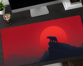 Bear Silhouette Desk Mat – Crimson Sunset, Dark Mountain Landscape, Extended Gaming Mouse Pad, Minimalist Desk Setup
