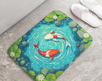Cartoon Koi Fish Bath Mat, Koi Pond Non Slip Memory Foam Bathroom Rug