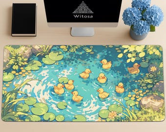 Kawaii Duck Desk Mat – Botanical Pond Large Gaming Mouse Pad – XXL Playful Desk Pad – Oversized Desk Decor