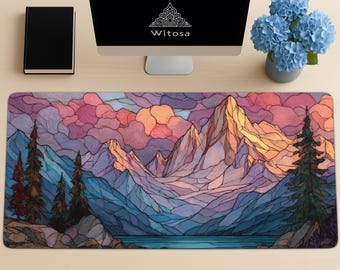 Oversized Desk Mat: Stained Glass Mountain Landscape with Lake, Pastel Colors