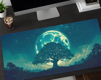 Tree of Life Desk Mat, Full Moon Celestial Nature Mouse Pad
