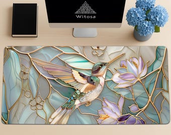 Hummingbird Floral Desk Mat – Elegant Stained Glass Look – Extended Office Desk Pad – Large Gaming Mouse Pad for Her