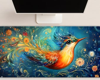 Floral Bird Desk Mat: Colorful Neoprene Mousepad