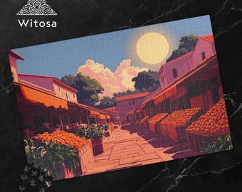 Mediterranean Village Jigsaw Puzzle, Orange Market Street Puzzle, Scenic Village Art